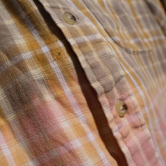 Urban Renewal Bleached VTG Flannel Plaid Button Top Gold Pink Grunge 90s L Artsy - Picture 3 of 8
